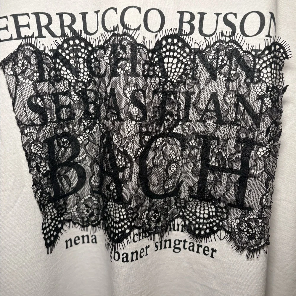 White Graphic Tee w/ Lace Overlay | Edgy Feminine Bach Print Tee | Euro C Medium - Picture 2 of 5